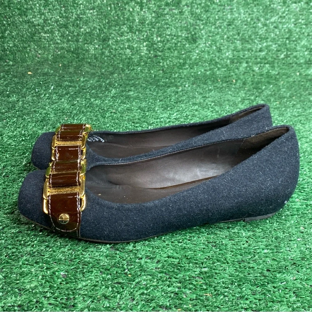 Tory Burch Black Flannel‎ “Martha” Flats Chain Link Womens Size 6 M